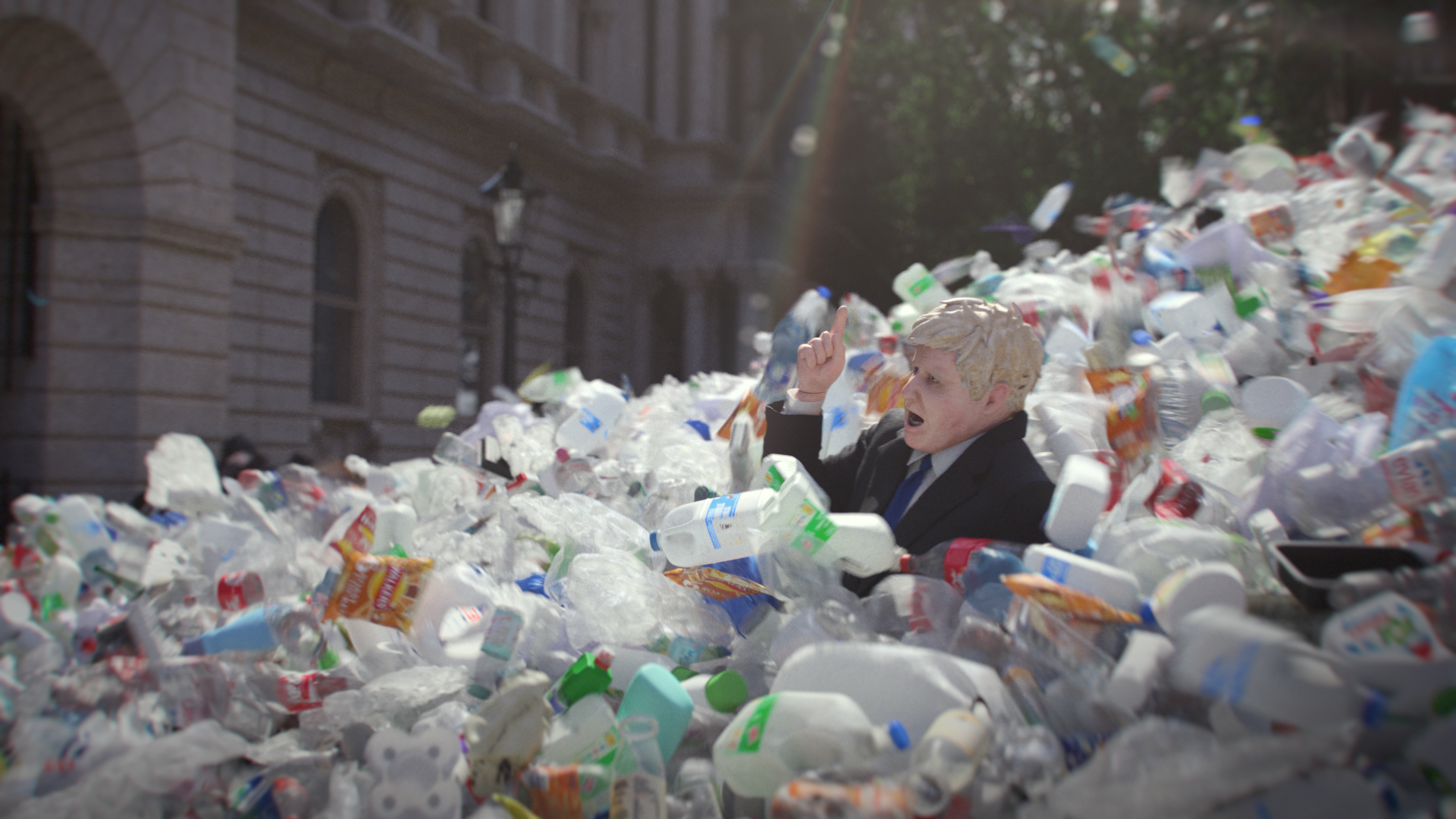 Still from animated film showing Boris Johnson being swept away by a wave of plastic waste