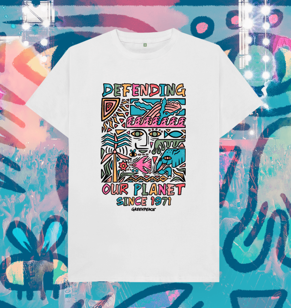A colourful print drawing on a white T-shirt against an equally colourful background. The words "Defending our planet since 1971 "can just be made out within the illustration.