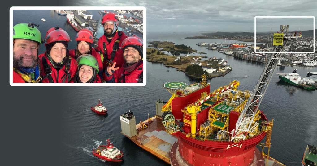 Photo montage showing a huge oil platform on a ship, with a cutaway showing the activists faces close up