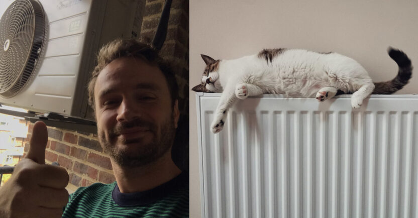 Photo montage shows a heat pump owner smiling and giving the thumbs-up in front of his heat pump, and a white cat sleeping on top of a domestic radiator