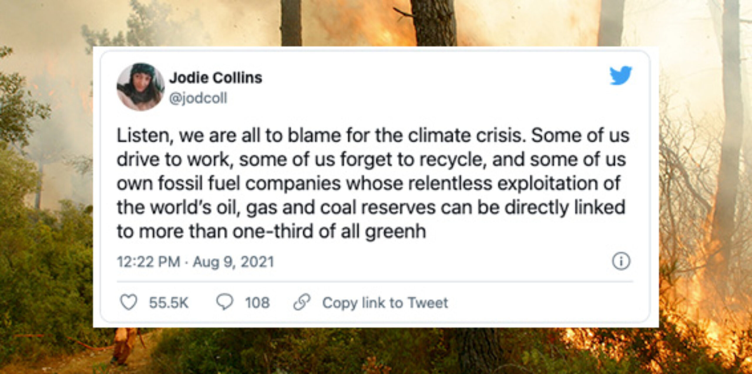 Screenshot of a tweet from @jodcoll overlaid on a picture of a forest fire. It says "Listen, we are all to blame for the climate crisis. Some of us drive to work, some of us forget to recycle, and some of us own fossil fuel companies whose relentless exploitation of the world’s oil, gas and coal reserves can be directly linked to more than one-third of all greenh" (deliberate truncation)