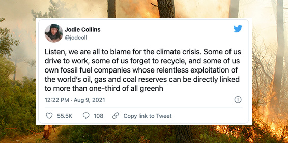 Screenshot of a tweet from @jodcoll overlaid on a picture of a forest fire. It says 