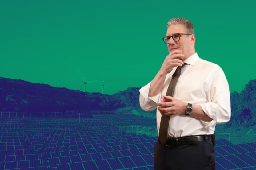 Photo montage of Keir Starmer looking thoughtful with solar panels and wind turbines in the background