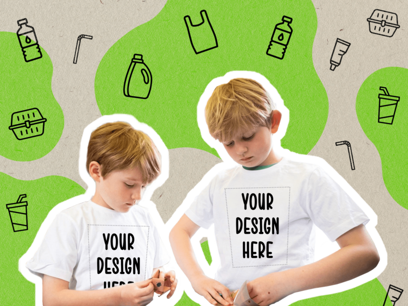 A green and beige banner with little drawings of food and drinks across it, with two young boys wearing T-shirts reading 