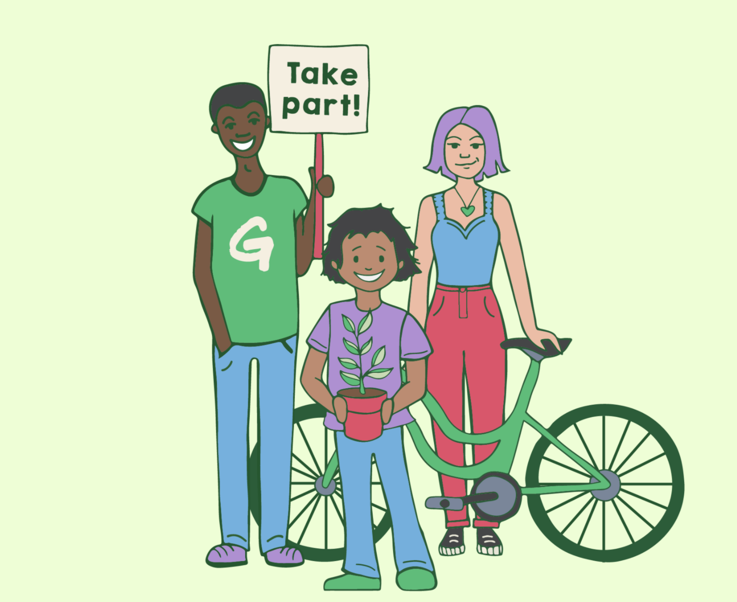 Three people holding a bike, a plant, and a placard reading 'Take part!'