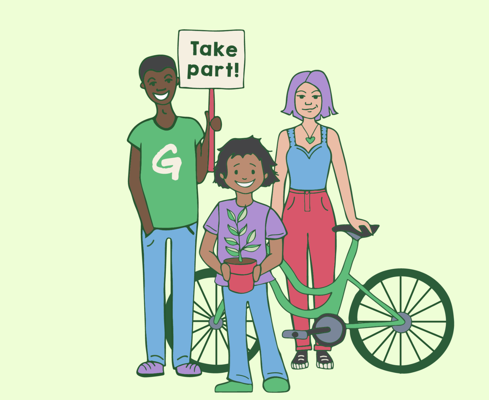 Three people holding a bike, a plant, and a placard reading 'Take part!'