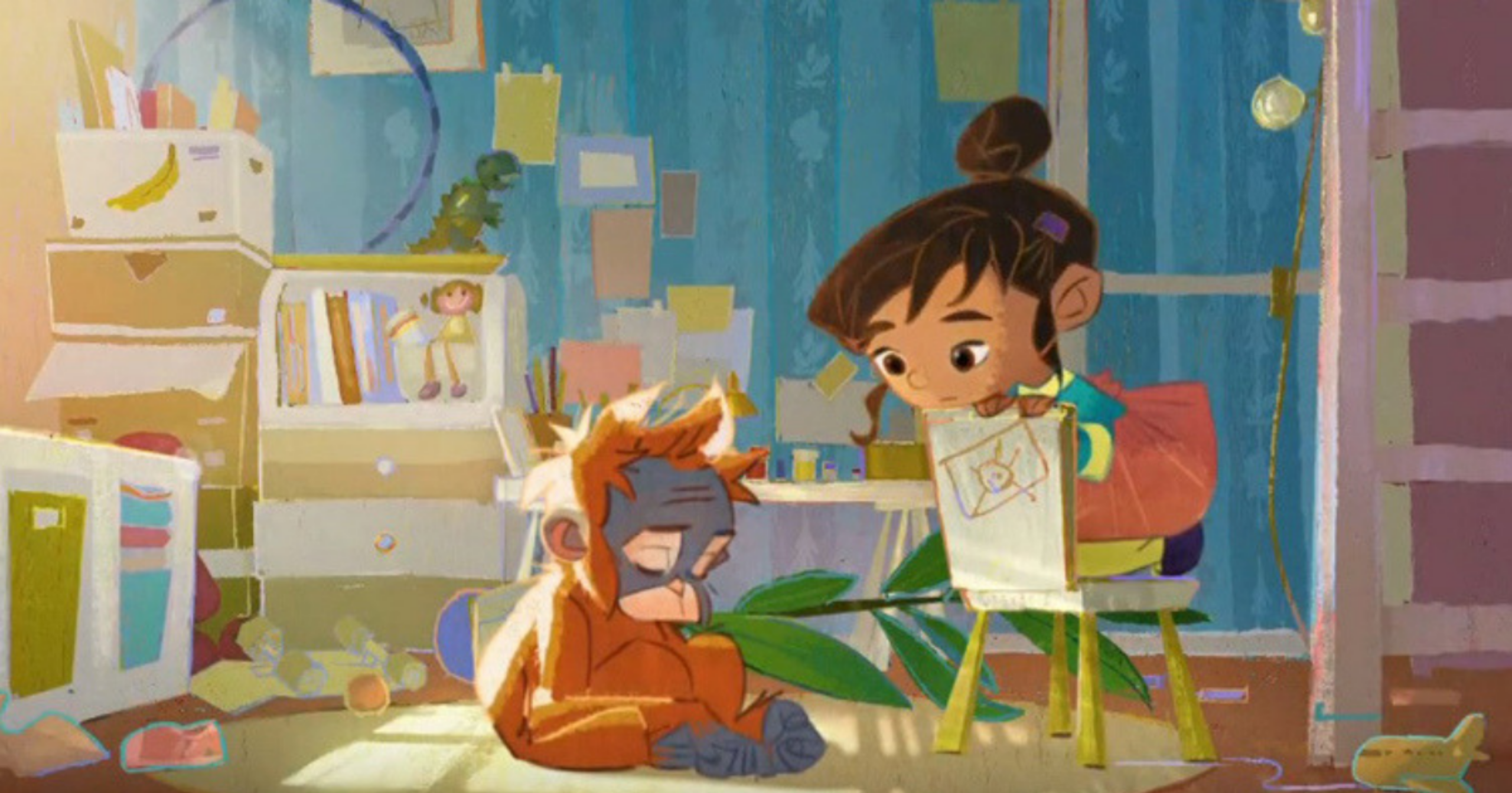 A girl sits in her bedroom with a young orangutan, in this screenshot from the animated short film Rang-tan