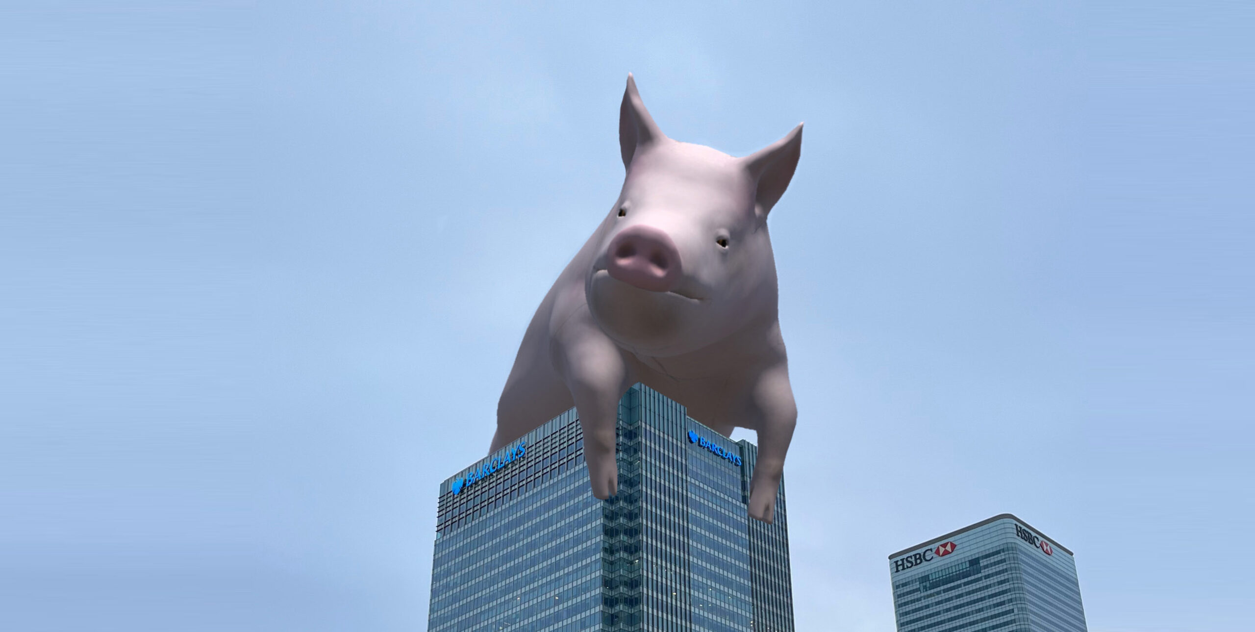 A giant digitally-rendered pig sits on top of a glass skyscraper with the Barclays Bank logo on it.
