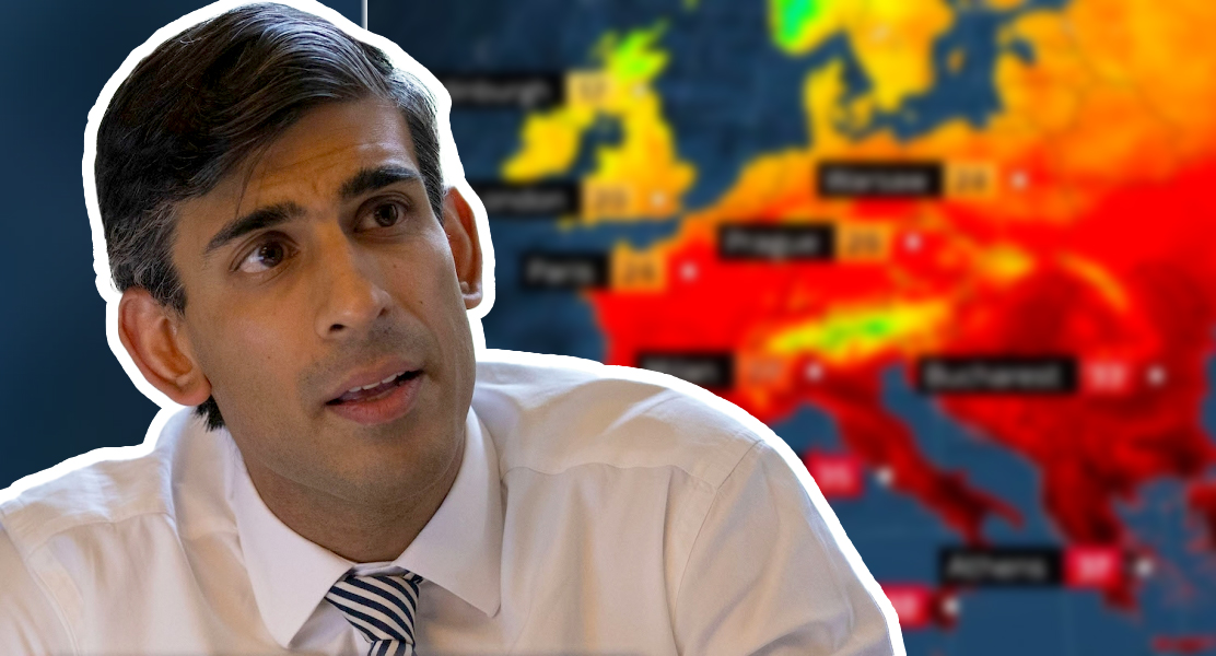 Photo montage of Rishi Sunak in front of a weather map showing extreme heat in southern Europe.