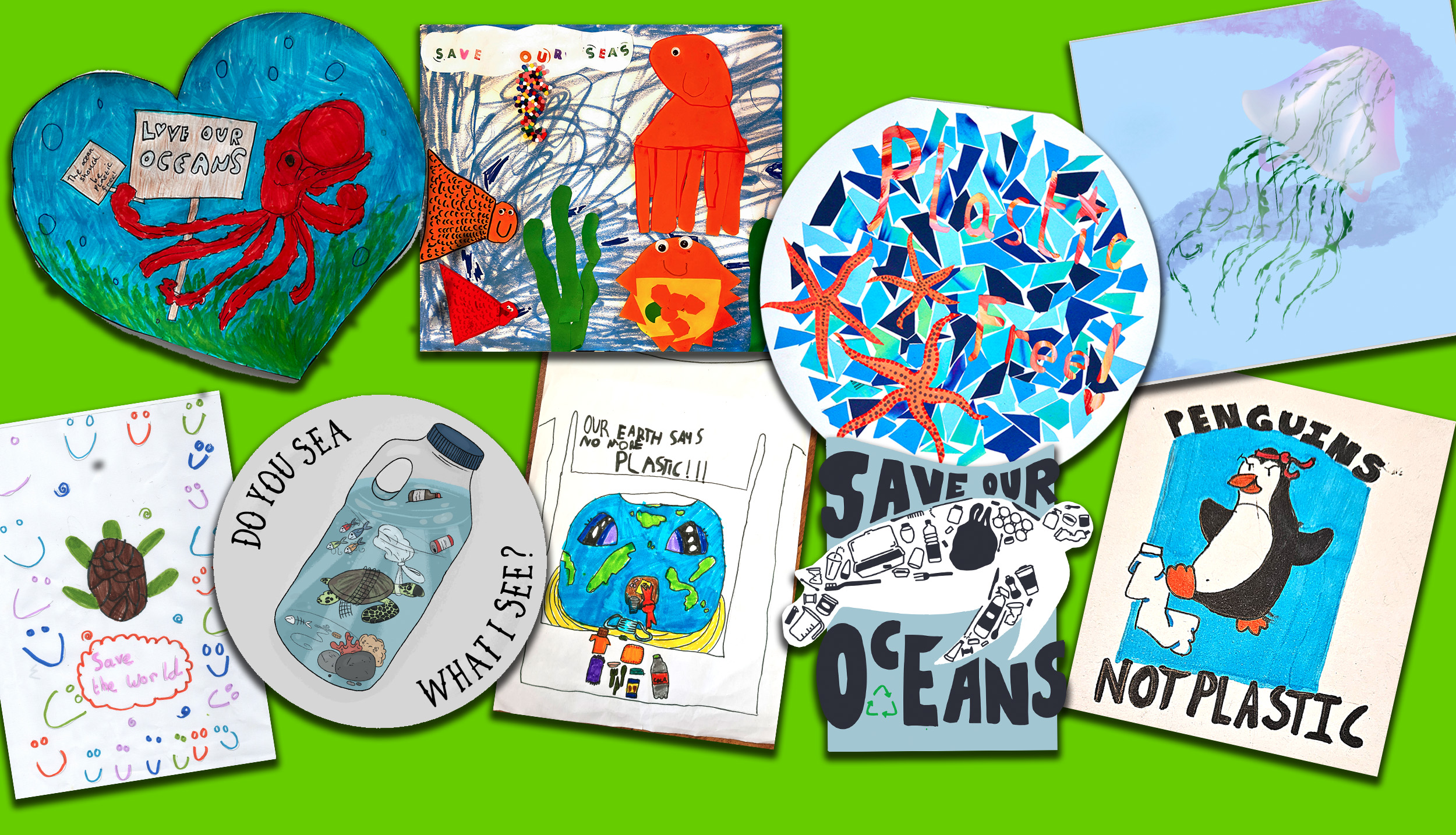A montage of children's t-shirt designs on a green background.