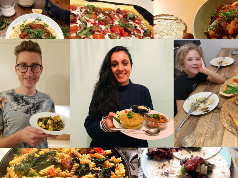 Photo montage shows people holding up their vegan dishes and smiling at the camera, with closeups of other vegan dishes above and below