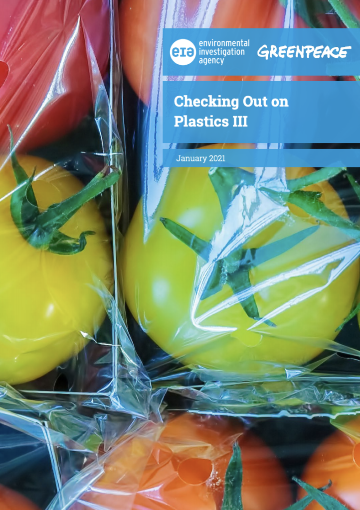 Cover of the 'Checking out on plastic 3' report showing a close-up of plastic wrapped tomatoes