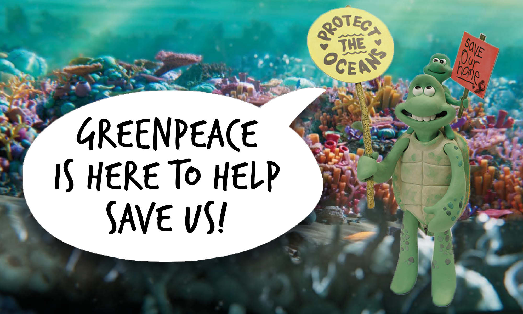 Cartoon father turtle with a young child on his shoulders. They both hold placards saying 'Protect the oceans' and 'Save our home'. Speech bubble reads 'Greenpeace is here to help save us'
