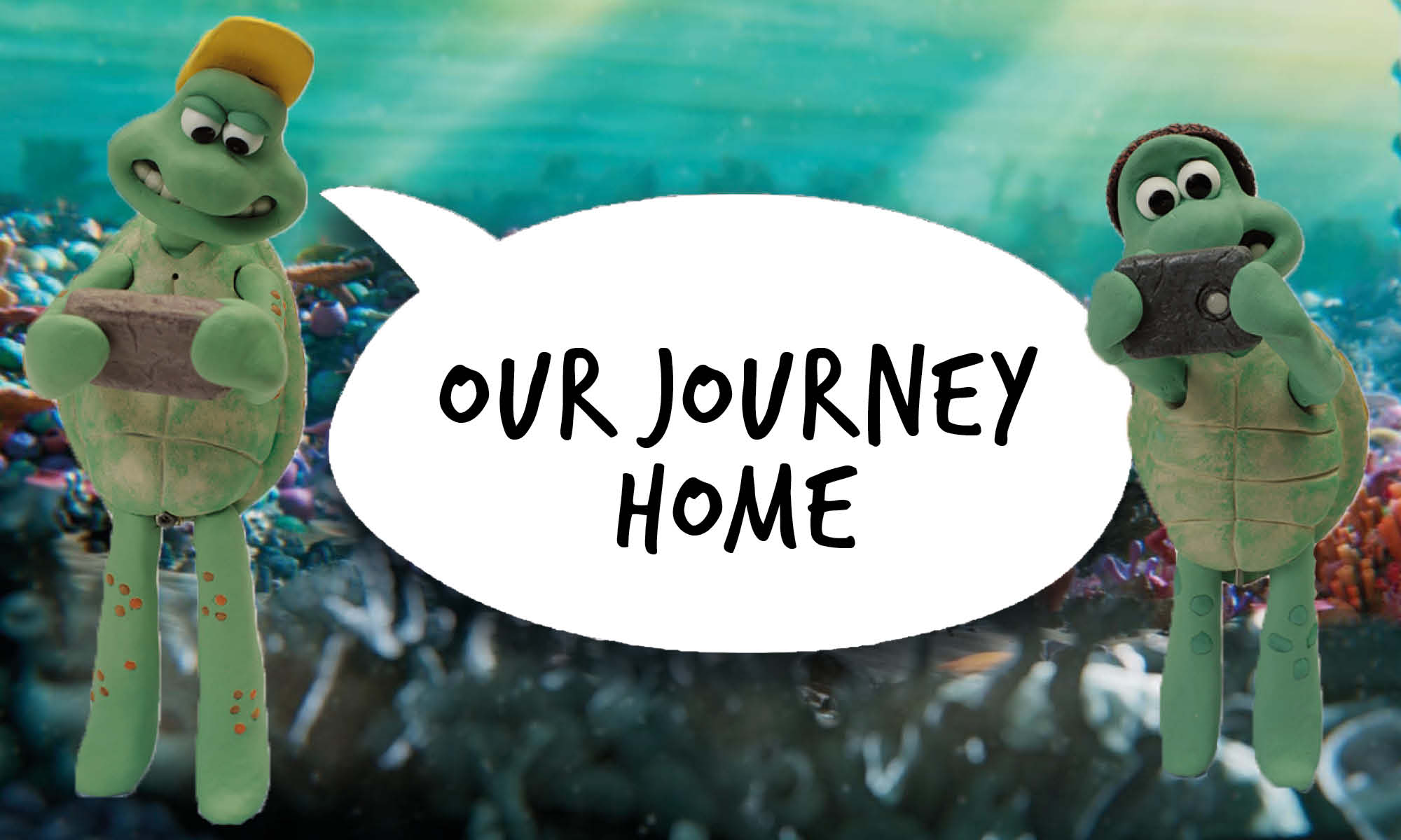 Younger cartoon turtles with a speech bubble that reads 'Our journey home'