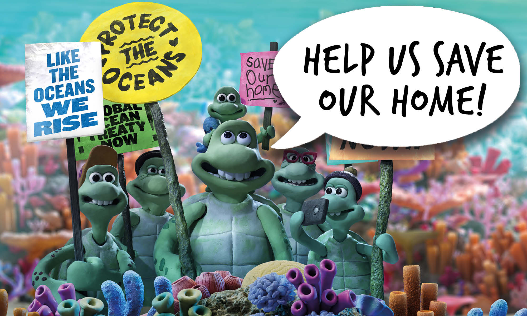 The family of cartoon sea turtles stand together holding placards with ocean protection slogans. Speech bubble reads 'Help us save our home'