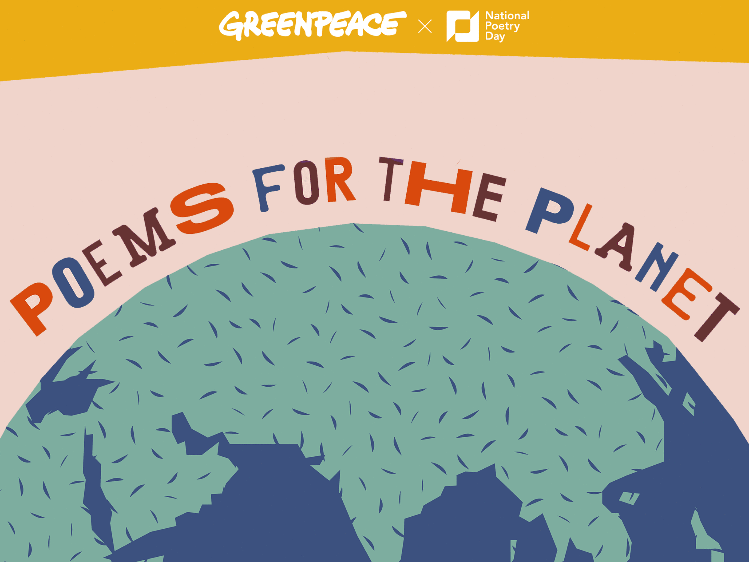 Banner: Illustrated Earth with colourful "Poems for the planet" text and Greenpeace and National Poetry Day logos