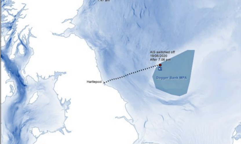 A map showing part of the North Sea, with Dogger Bank highlighted. An overlay shows the movements of a fishing vessel, and highlights where it switched off its AIS tracking system.