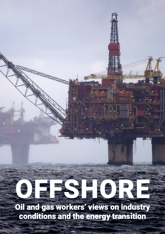 Cover of the report 'Offshore: oil and gas workers' views on industry conditions and the energy transition' showing two offshore oil platforms