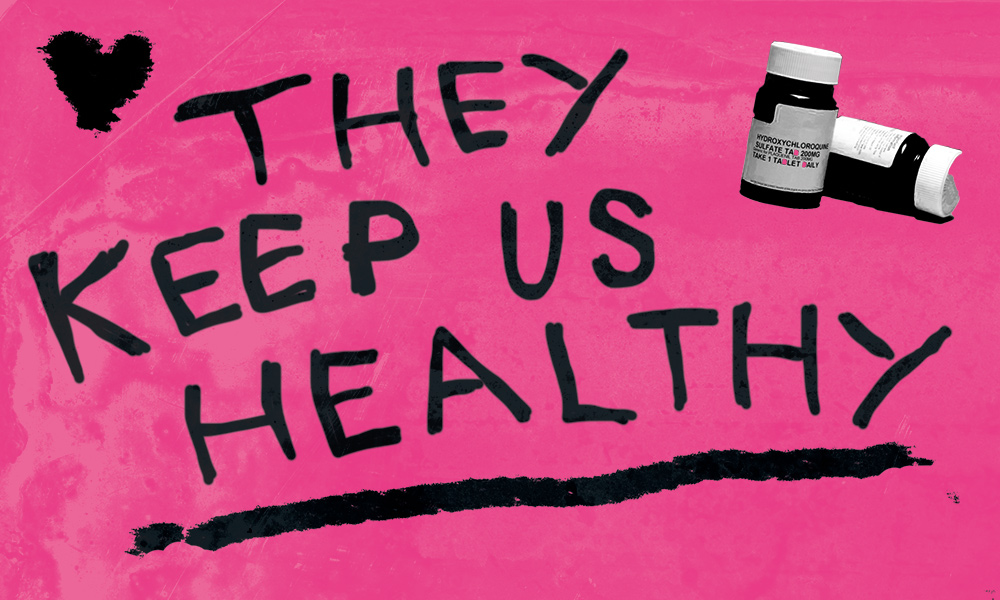 Hand-drawn text reads 'They keep us healthy' next to two pill bottles