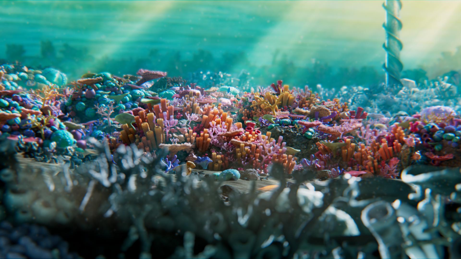 A cartoony underwater seascape with shafts of sunlight filtering through the blue-green water, showing a mixture of healthy and bleached corals, and a stylised oil drill in the distance.