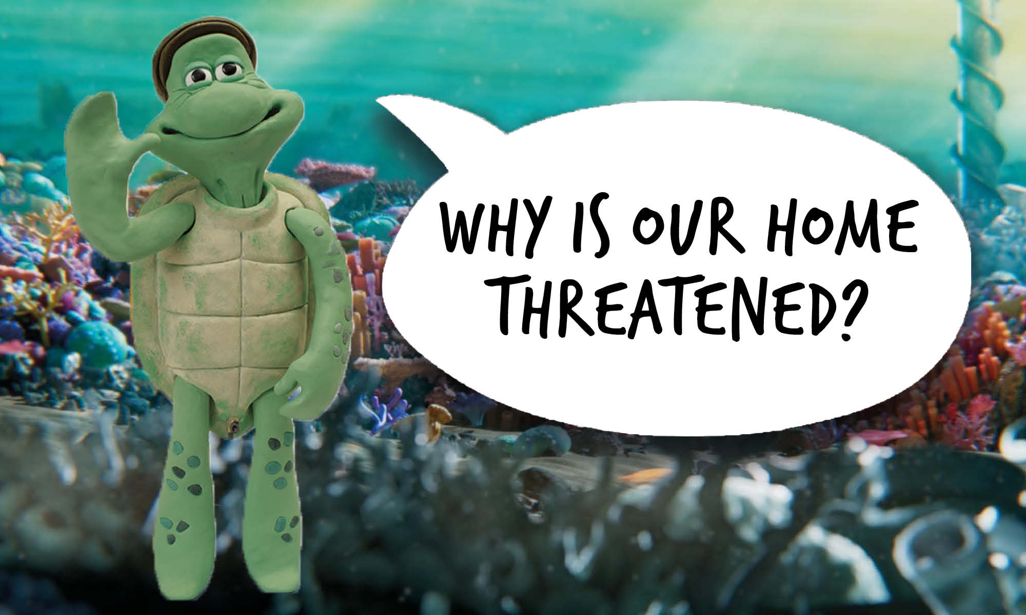 Older male cartoon turtle with a speech bubble that reads 'Why is our home threatened?'
