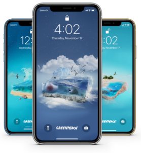 Three mobile phones, showcasing Greenpeace's oceans virtual gifts wallpapers. This image centres the Antarctic Ocean gift wallpaper.