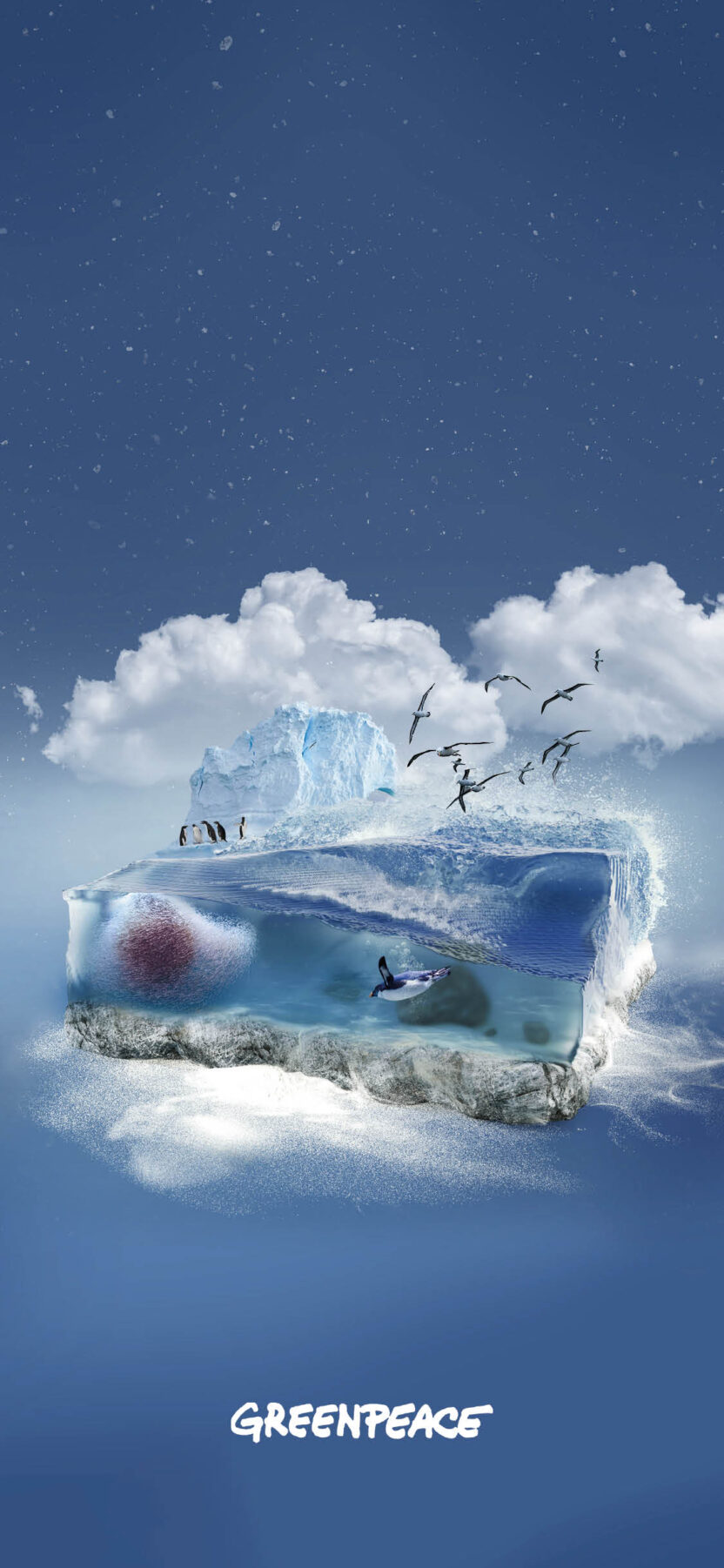 Portrait phone wallpaper, showing a beautiful 3D illustration of a slice of the Antarctic Ocean, used to represent Greenpeace's Antarctic Ocean virtual gift. The water is deep blue, and swimming in the water is a pink swarm of krill and a diving penguin. On top of the water, there is a group of penguins sitting on a large ice mass, and some large sea birds floating overhead. There are clouds in the sky and a scattering of snow underneath the slice of ocean.