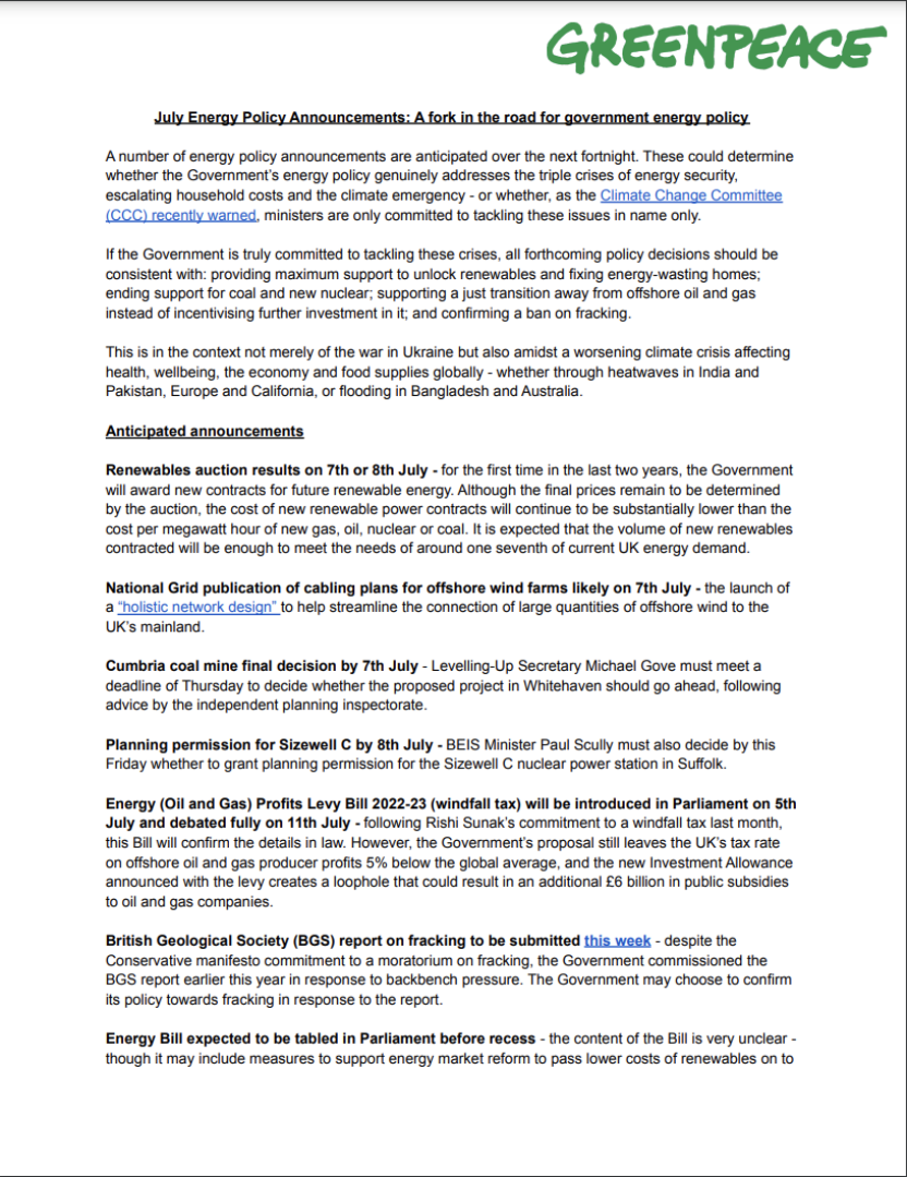 Report with dense text and a greenpeace logo at the top