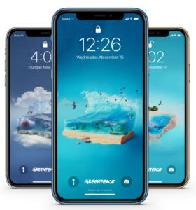 Three mobile phones, showcasing Greenpeace's oceans virtual gifts wallpapers. This image centres the Global Oceans gift wallpaper.