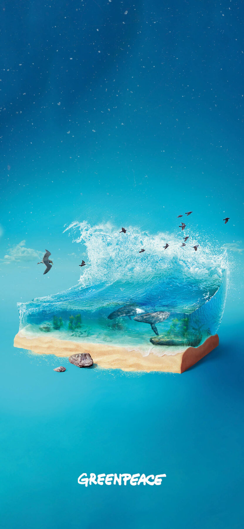 Portrait phone wallpaper, showing a beautiful 3D illustration of a slice of the Global Ocean, used to represent Greenpeace's Global Ocean virtual gift. The water is a bright greenish-blue, with whales swimming in it. There is sand at the base of the ocean slice, and some large sea birds floating overhead. The water appears to be forming a wave.