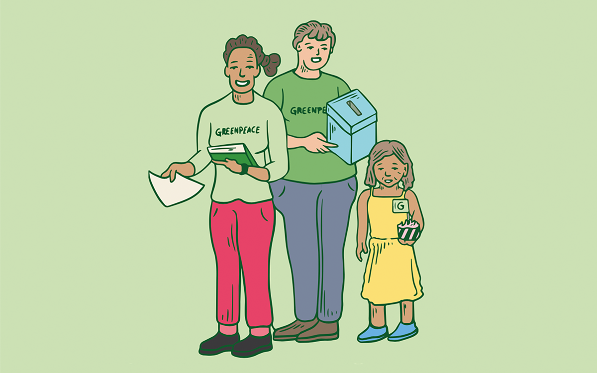 Illustration of three people in Greenpeace tops holding a book, a ballot box and a cupcake, for reasons that are unclear