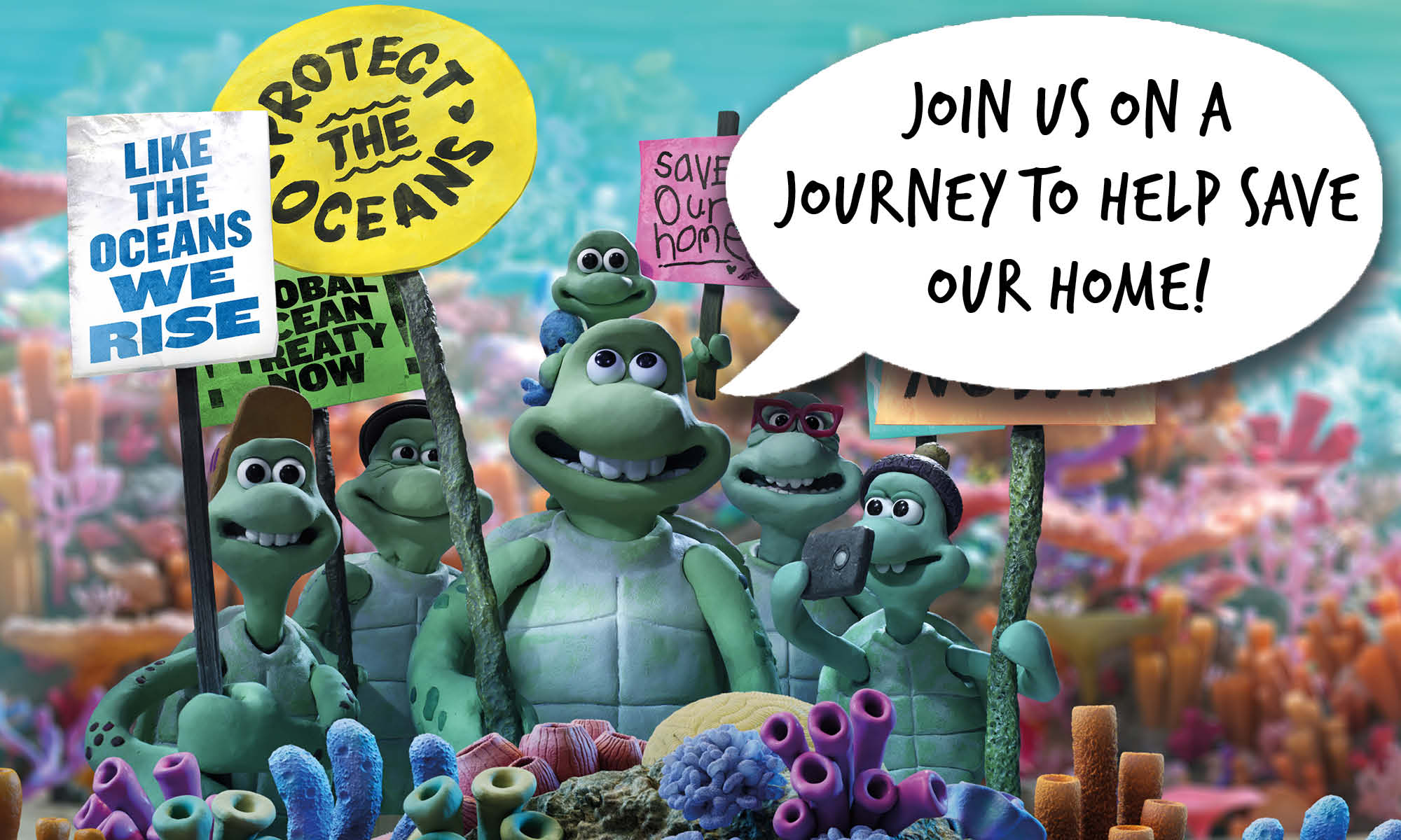 The family of cartoon sea turtles stand together holding placards with ocean protection slogans. Speech bubble reads 'Join us on a journey to help save our home'