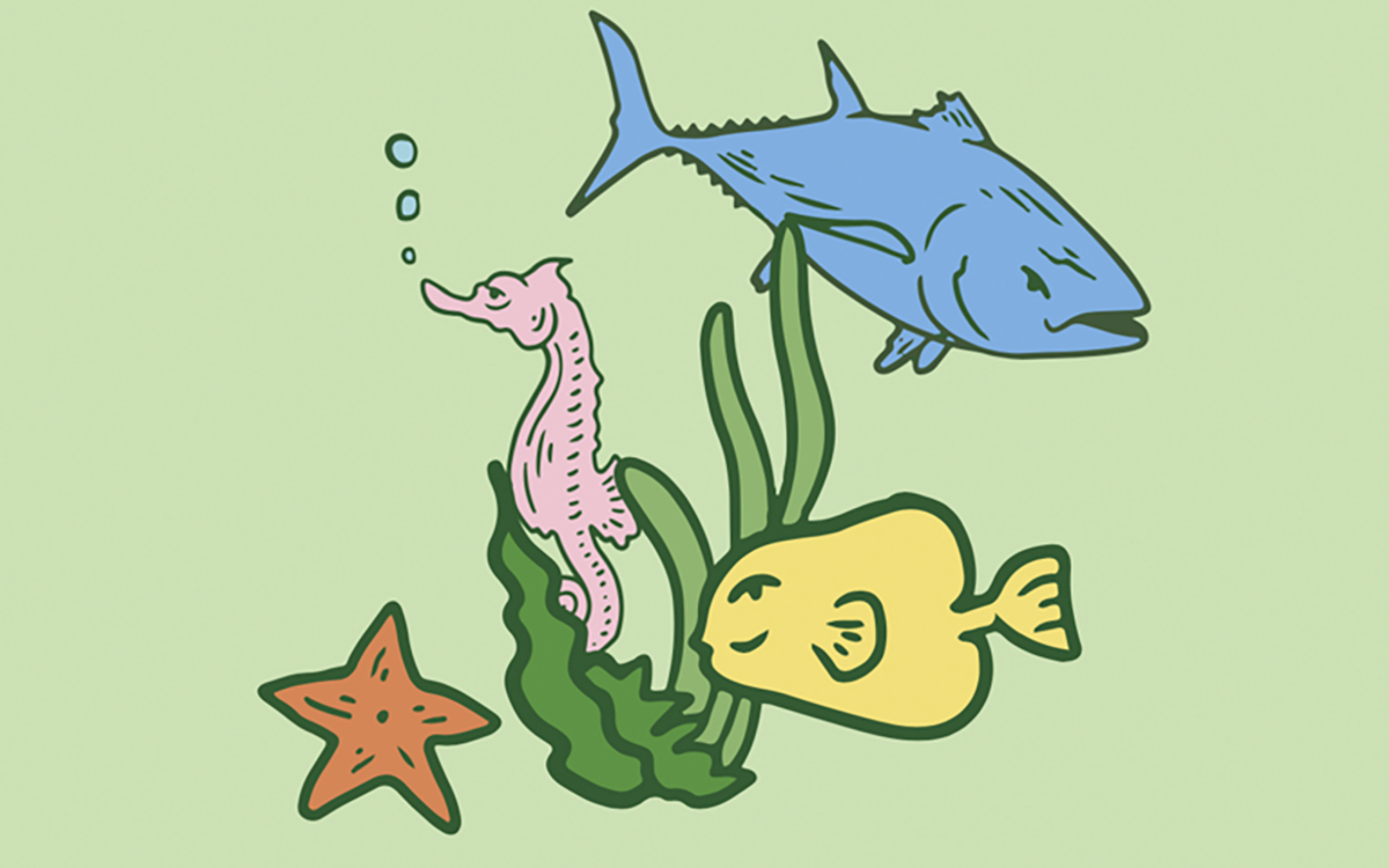 Illustration of a starfish, seahorse and fish