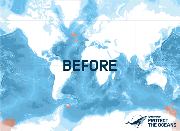 Map of the world comparing the very small area of ocean that's currently protected, and the area that needs to be protected, highlighted in red. 