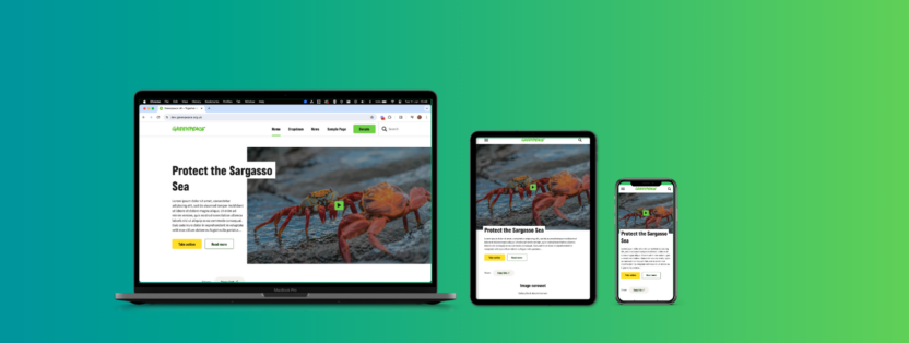 The new Greenpeace website seen on laptop, mobile and tablet.