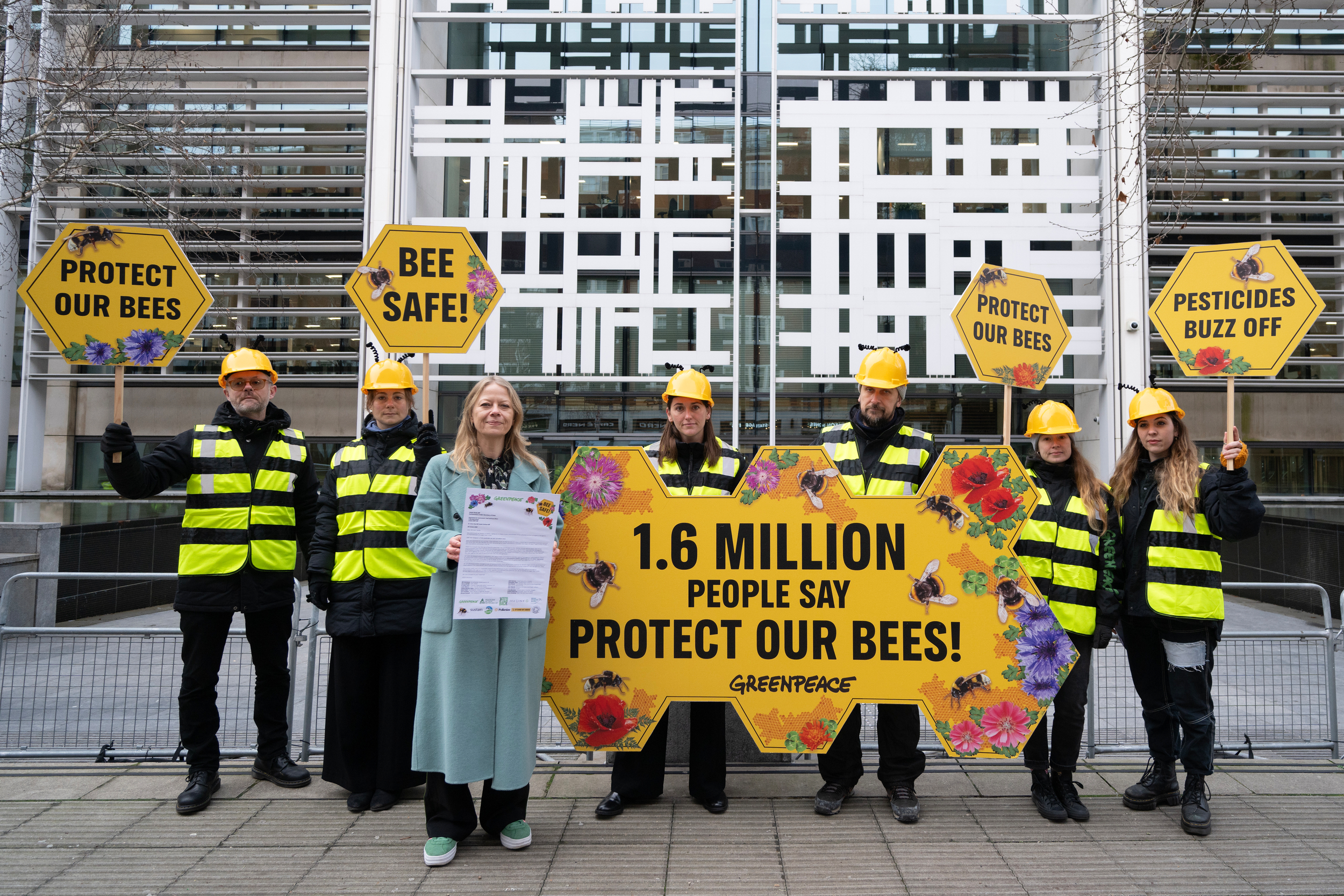 Campaigners dressed as worker bees stand in front of the Defra building with Green Party MP, Sian Berry, holding placards reading 1.6 million people say protect our bees!