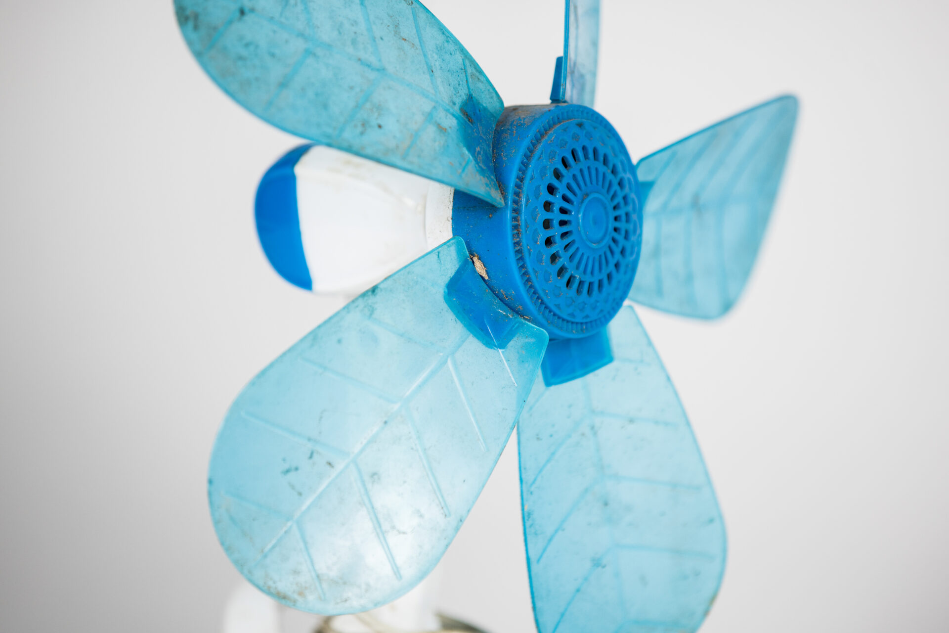 Close up of a blue fan against white background