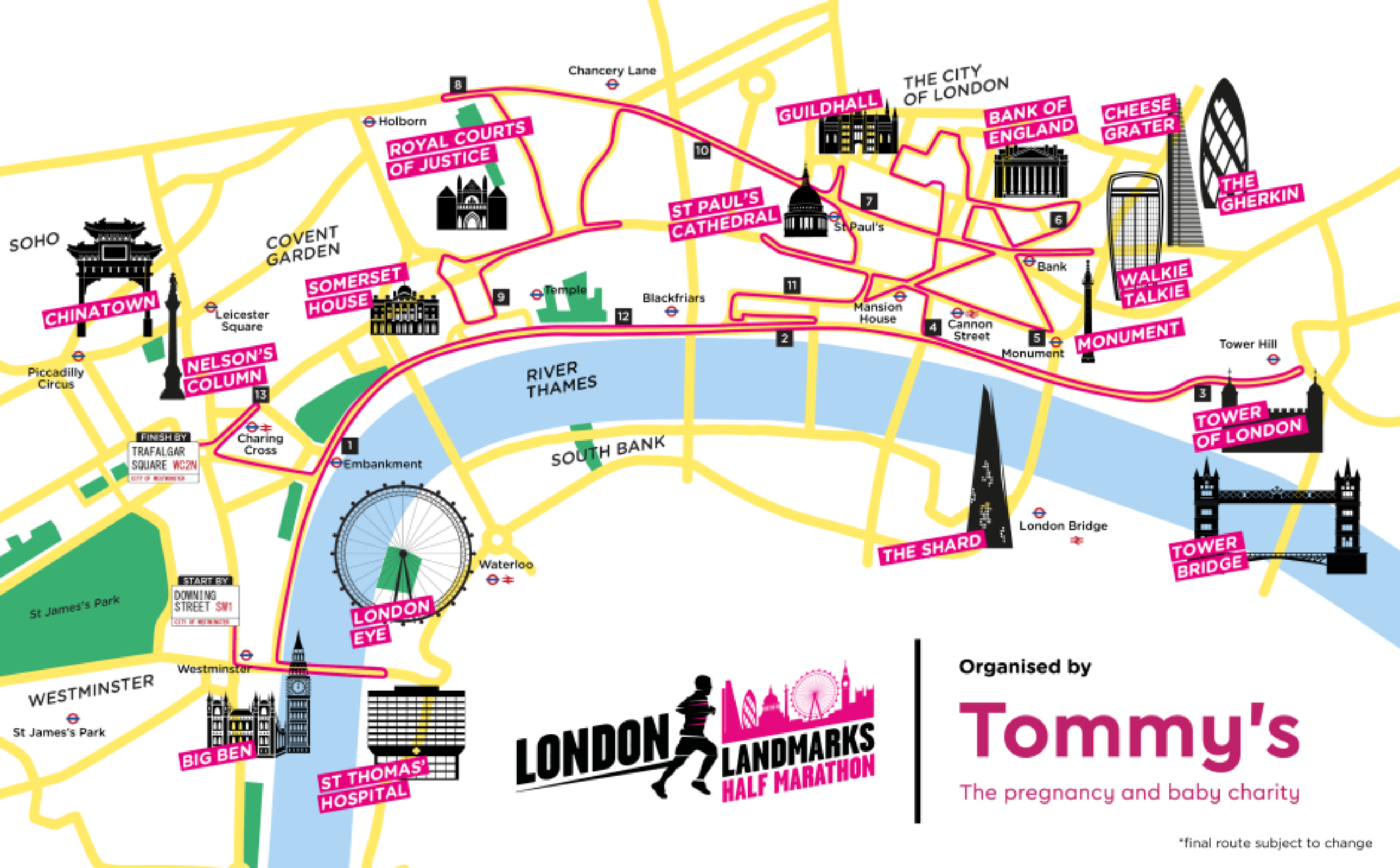 Illustrated course map for the London Landmarks Half Marathon, showing key London icons like Tower Bridge, the Shard, St Paul’s Cathedral, and Chinatown along the route.