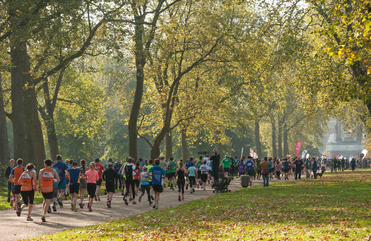 Large group of runners making their way through a wide, tree-lined park path in golden autumn light during the Royal Parks Half Marathon in London.