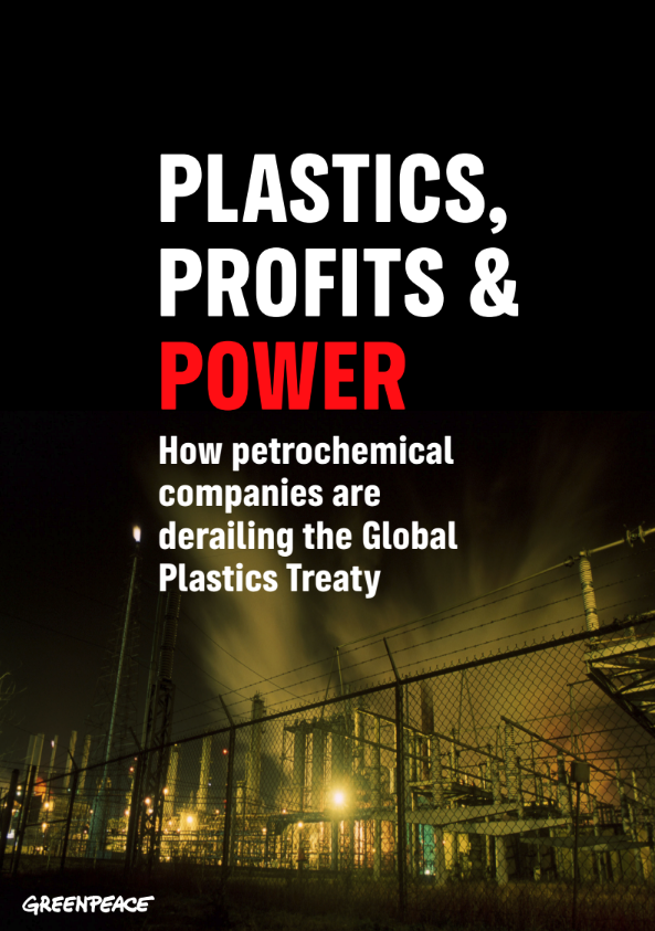 Cover of the plastics, profits and power report, showing a petrochemical refinery at night.