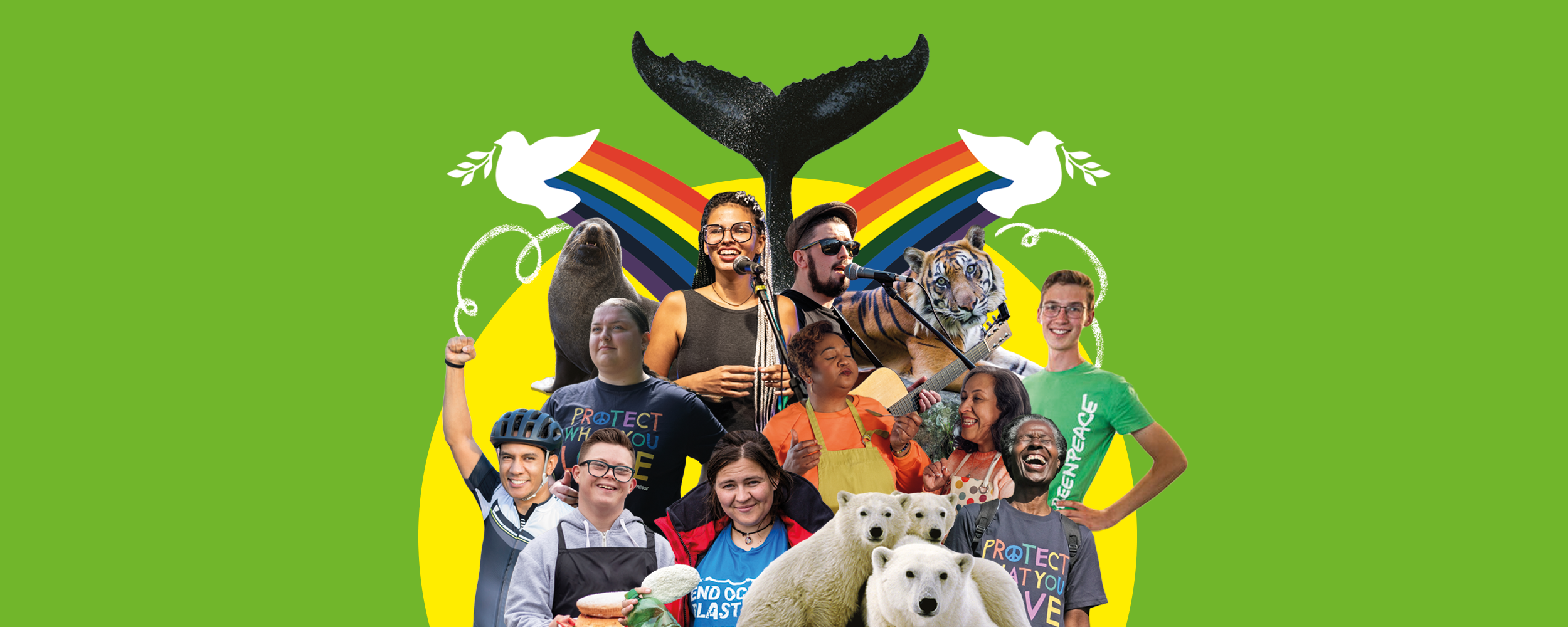 A vibrant green header image showing a collage of people, wildlife (including polar bears, a sea lion, a tiger, and whale tail), and protesters. Two white doves flank the top, with a rainbow arching between them.